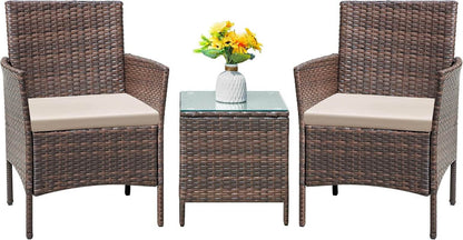 Patio Furniture Set 3 Pieces All-Weather Rattan Outdoor Furniture Patio Chairs with Tempered Glass Table for Porch Bistro Balcony (Brown/Cream) - Loft&Timber