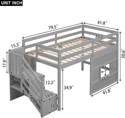 Twin Size Low Loft Bed with Stairs, Kids Loft Bed with Storage,Solid Wood Twin Loft Bed Frame for Kids, Space Saving Low Loft Bed for Boys, Girls, Gray - Loft&Timber