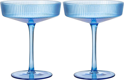 Ribbed Coupe Cocktail Glasses 8 oz | Set of 2 | Classic Manhattan Glasses For Cocktails, Champagne Coupe, Ripple Coupe Glasses, Art Deco Gatsby Vintage, Crystal with Stems (Blue, Set of 2) - Loft&Timber