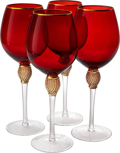 The Wine Savant Large Diamond Wine Glasses, 10" H Gold Rim Rhinestone Diamond Glasses - Wedding Glasses - 18 Ounce, Premium Designed Wine Glasses for Spirits and Wine, Gift Boxed (4, Red) - Loft&Timber