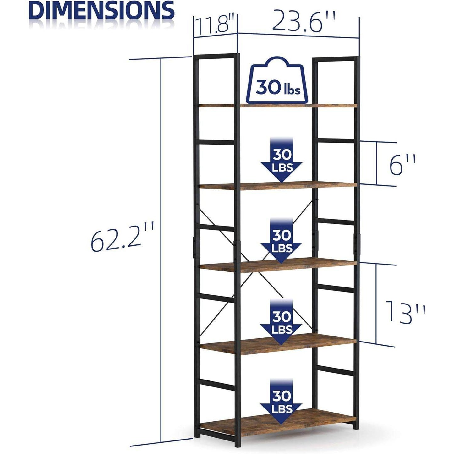 Tall 5 Shelf Bookcase Vintage Bookshelf Organizer - Loft&Timber