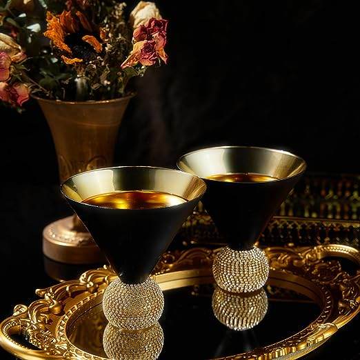 The Wine Savant Diamond Studded Martini Glasses Set of 2 Black & Gold Rimmed Modern Cocktail Glass, Rhinestone With Stemless Crystal Ball Base, Bar or Party 10.5oz, Swarovski Style Crystals - Loft&Timber