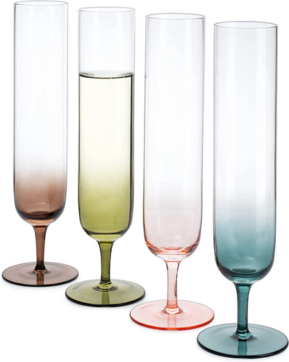 Multicolored Beautiful Champagne Flutes 10" Stemmed - 4 Set- Blue, Green, Brown, Pink - 10.5 OZ Elegant Glass Colored Glasses, Mimosa , Cocktail Bar Glassware Ideal for Home, Weddings - Gift - Loft&Timber