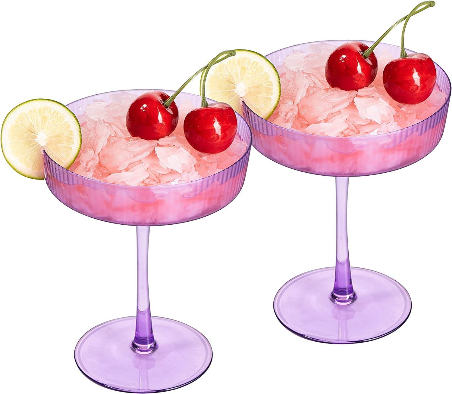 Ribbed Coupe Cocktail Glasses 8 oz | Set of 2 | Classic Manhattan Glasses For Cocktails, Champagne Coupe, Ripple Coupe Glasses, Art Deco Gatsby Vintage, Crystal with Stems (Lavender, Set of 2) - Loft&Timber