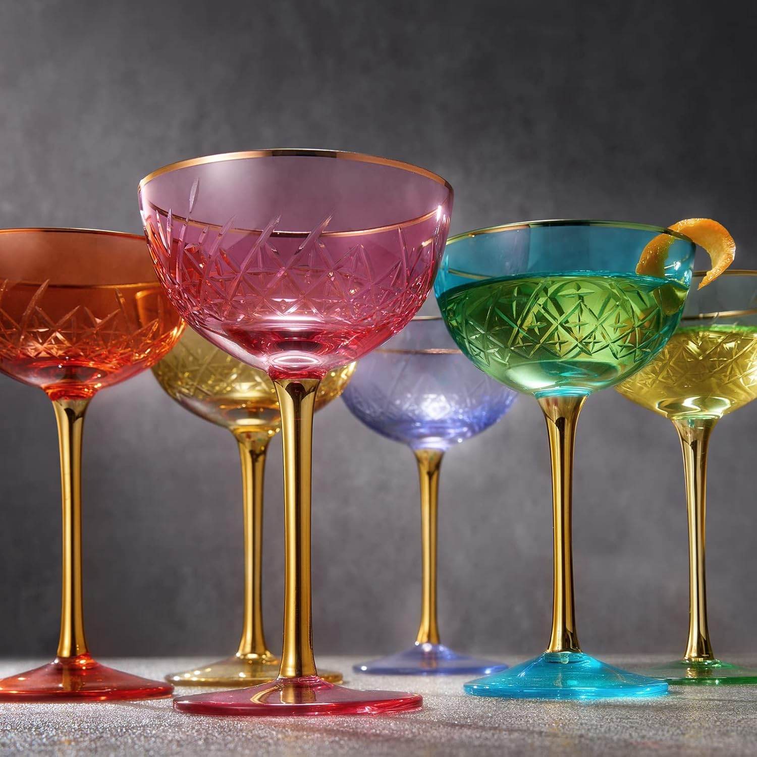 Vintage Art Deco Coupe for Champagne, Martini, Cocktails | Set of 2 | 7 oz Classic Cocktail Glassware - Manhattan, Cosmopolitan, Sidecar, Crystal Speakeasy Style Saucer Goblets with Stems (Orange Red) - Loft&Timber
