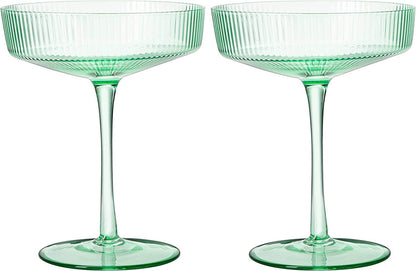 Ribbed Coupe Cocktail Glasses 8 oz | Set of 2 | Classic Manhattan Glasses For Cocktails, Champagne Coupe, Ripple Coupe Glasses, Art Deco Gatsby Vintage, Crystal with Stems (Green, Set of 2) - Loft&Timber