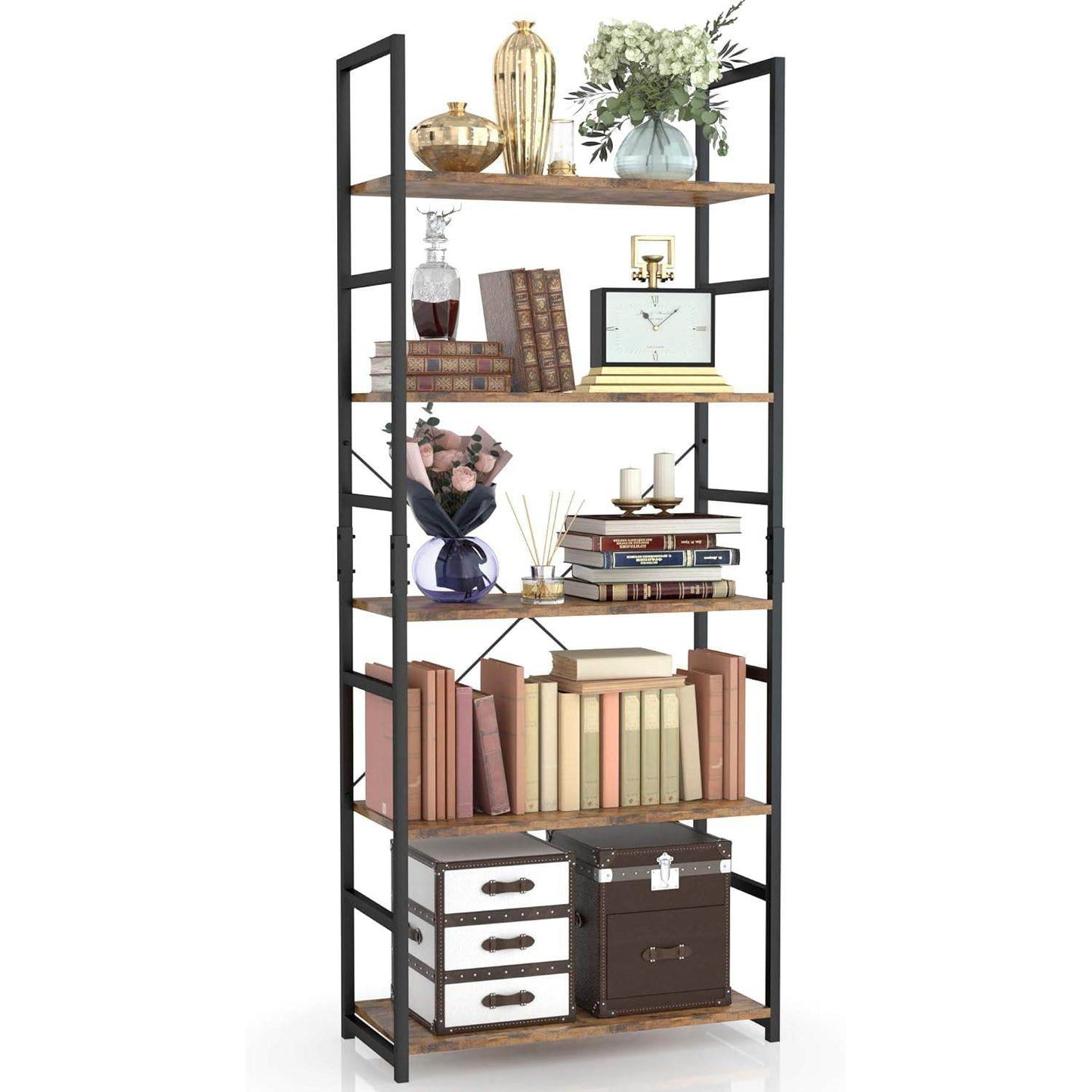 Tall 5 Shelf Bookcase Vintage Bookshelf Organizer - Loft&Timber