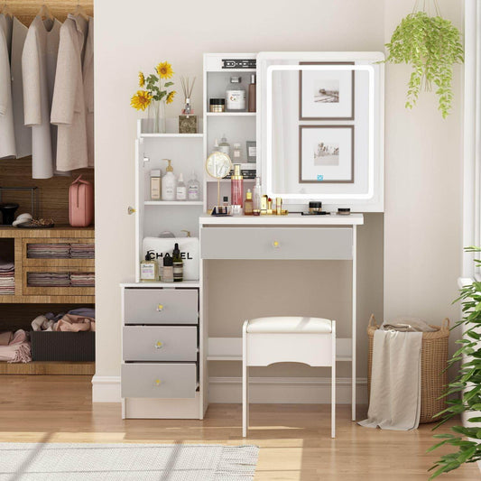 White Makeup Vanity Desk with Lighted Mirror and Drawers - Loft&Timber