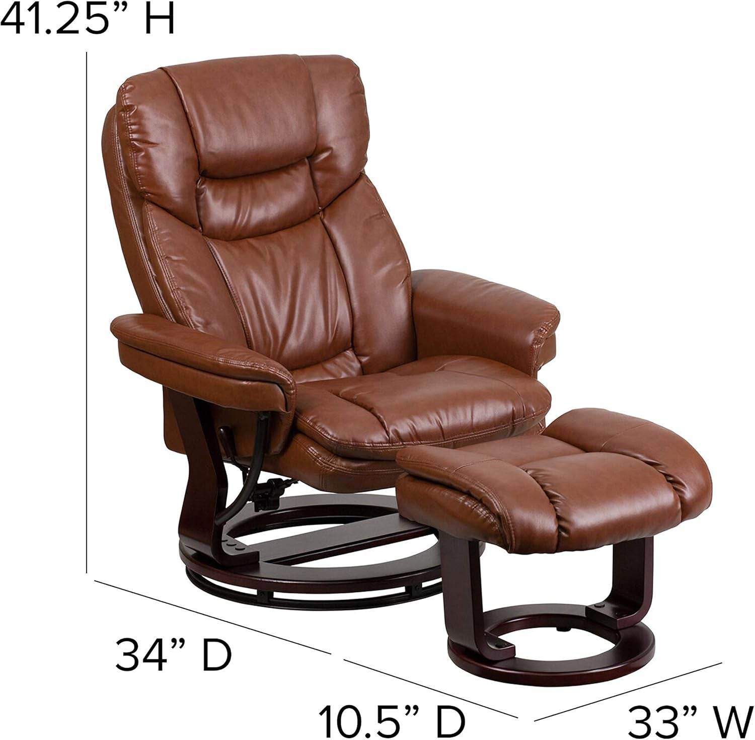Allie Leathersoft Upholstered Recliner with Footrest, Arms, and Headrest, Padded Swivel Recliner Chair and Ottoman Set, Brown Vintage - Loft&Timber