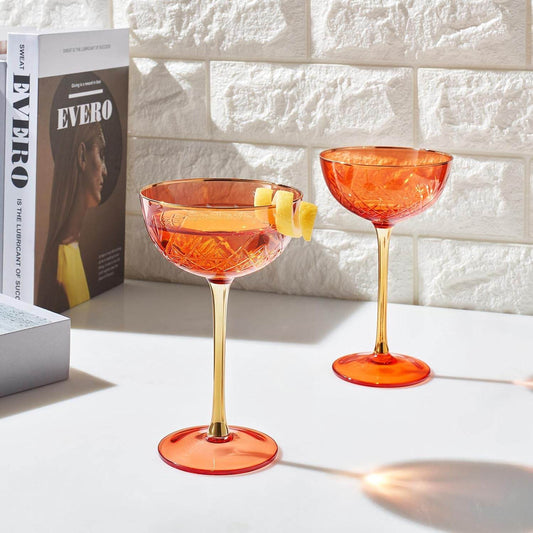 Vintage Art Deco Coupe for Champagne, Martini, Cocktails | Set of 2 | 7 oz Classic Cocktail Glassware - Manhattan, Cosmopolitan, Sidecar, Crystal Speakeasy Style Saucer Goblets with Stems (Orange Red) - Loft&Timber