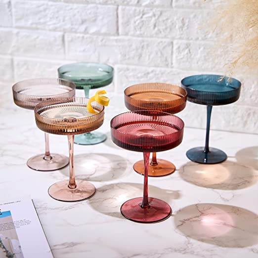 Vintage Art Deco Coupe Glasses Ribbed Coupe Cocktail Glasses 7 oz | Set of 6 | Pastel Colored Crystal Cocktail Glassware for Champagne, Martini, Manhattan Goblet Cocktails, Ripple Glassware - Gift Box - Loft&Timber