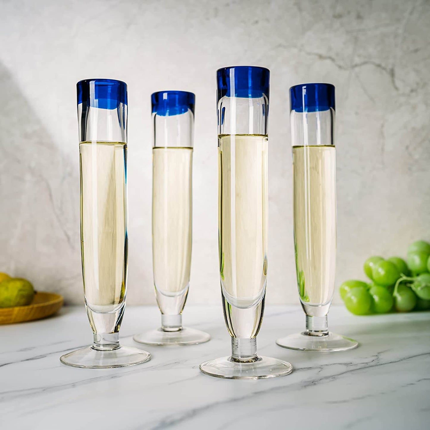 Tall Recycled Champagne Flutes - Set of 4 - Mexican Hand Blown Cobalt Blue Rim Flute – Luxury Mexican Thick Glassware 7oz, Juice & Cocktail Drinking Glass Holiday Celebration, Weddings, Anniversary - Loft&Timber