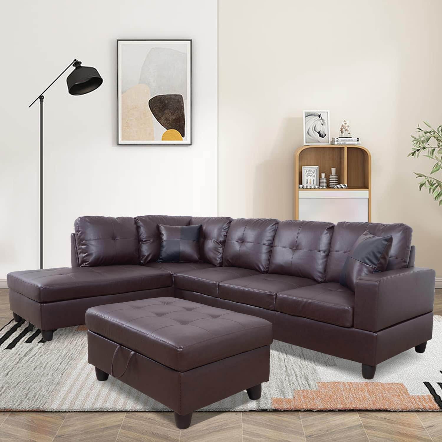 Ponliving Furniture Modern L-Shaped Leather Sectional Sofa Left Hand Facing (Brown) - Loft&Timber
