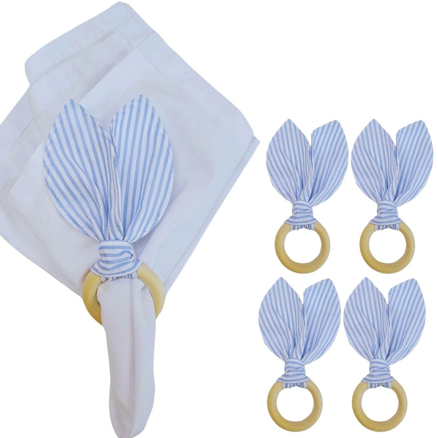 Maison Charlo | Easter Set of 4 Blue Striped Bunny Ears Napkin Rings | Dining Table Decor - Loft&Timber