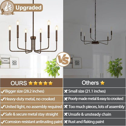 Rustic Black Chandelier, 6-Light Antique Farmhouse Chandelier for Dining Room Lighting Fixtures, Vintage Candle Pendant Light Fixtures Chandeliers for Dining Room Bedroom, Foyer and Living Room-2