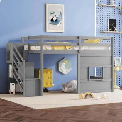 Twin Size Low Loft Bed with Stairs, Kids Loft Bed with Storage,Solid Wood Twin Loft Bed Frame for Kids, Space Saving Low Loft Bed for Boys, Girls, Gray - Loft&Timber