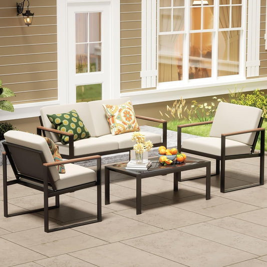 4 Pieces Patio Furniture Sets,Metal Outdoor Patio Furniture Sets,Outdoor Sectional Furniture Patio Conversation Set,Wooden Anti-Scald Armrest,Sling Mesh,4" Olefin Cushions - Loft&Timber