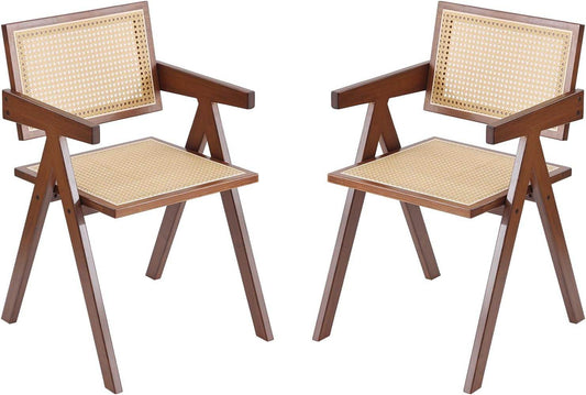 Rattan Dining Chairs Set of 2, Mid Century Modern Armchairs, Wooden Kitchen Chairs for Dining Room, Living Room, Walnut-0