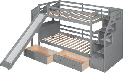 Twin over Twin Bunk Bed with 4 Drawers and Storage Staircase, Wood Bed Frame with Desk and Shelves, Twin Beds with Slide and Full-Length Guardrails for Kid'S Room or Dormitory, Gray - Loft&Timber