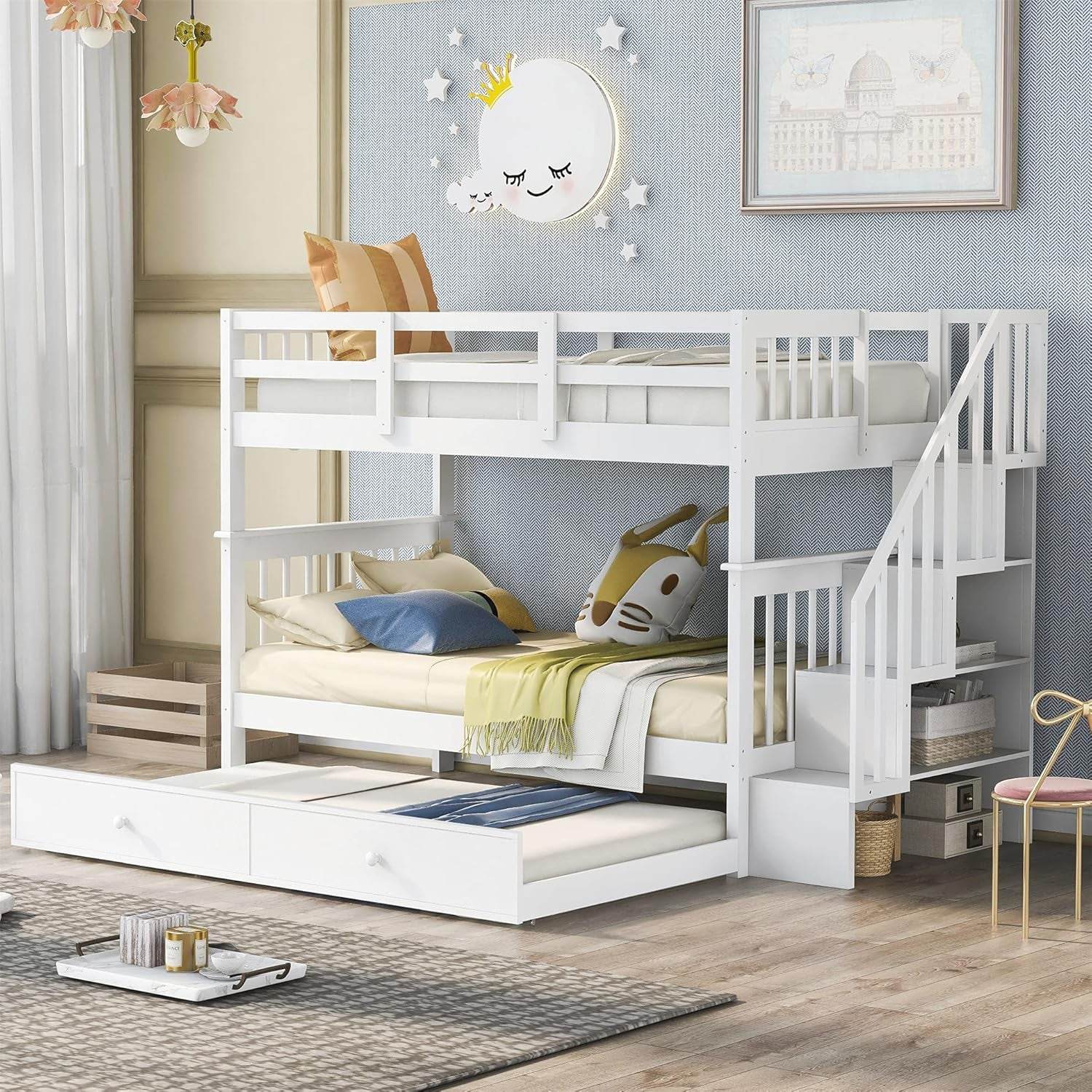 Twin over Twin Bunk Bed with Stairs and Trundle, Solid Wood Stairway Bunk Bed Frame with Storage, for Kids Teens Adults – White - Loft&Timber