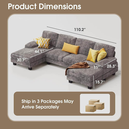 Sectional Couches for Living Room, U-Shaped Sofa Couch with Linen Fabric, 4 Seat Sofa Set with Double Chaise for Apartment (Fabric, Grey) - Loft&Timber
