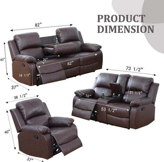 Manual Leather Recliner Sofa Set, 3-Pieces(Sofa+Loveseat+Chair) in Brown - Loft&Timber