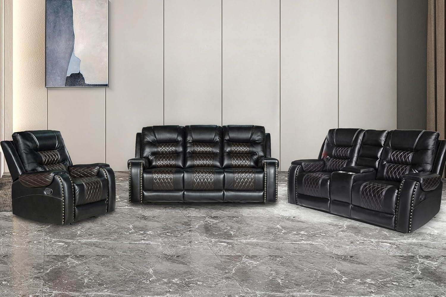 PU Leather Sofa Set, 3 Pieces in Black - Loft&Timber