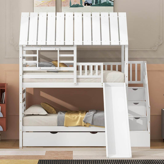 Kids Twin Bunk Bed with Slide, Trundle & Storage - Loft&Timber