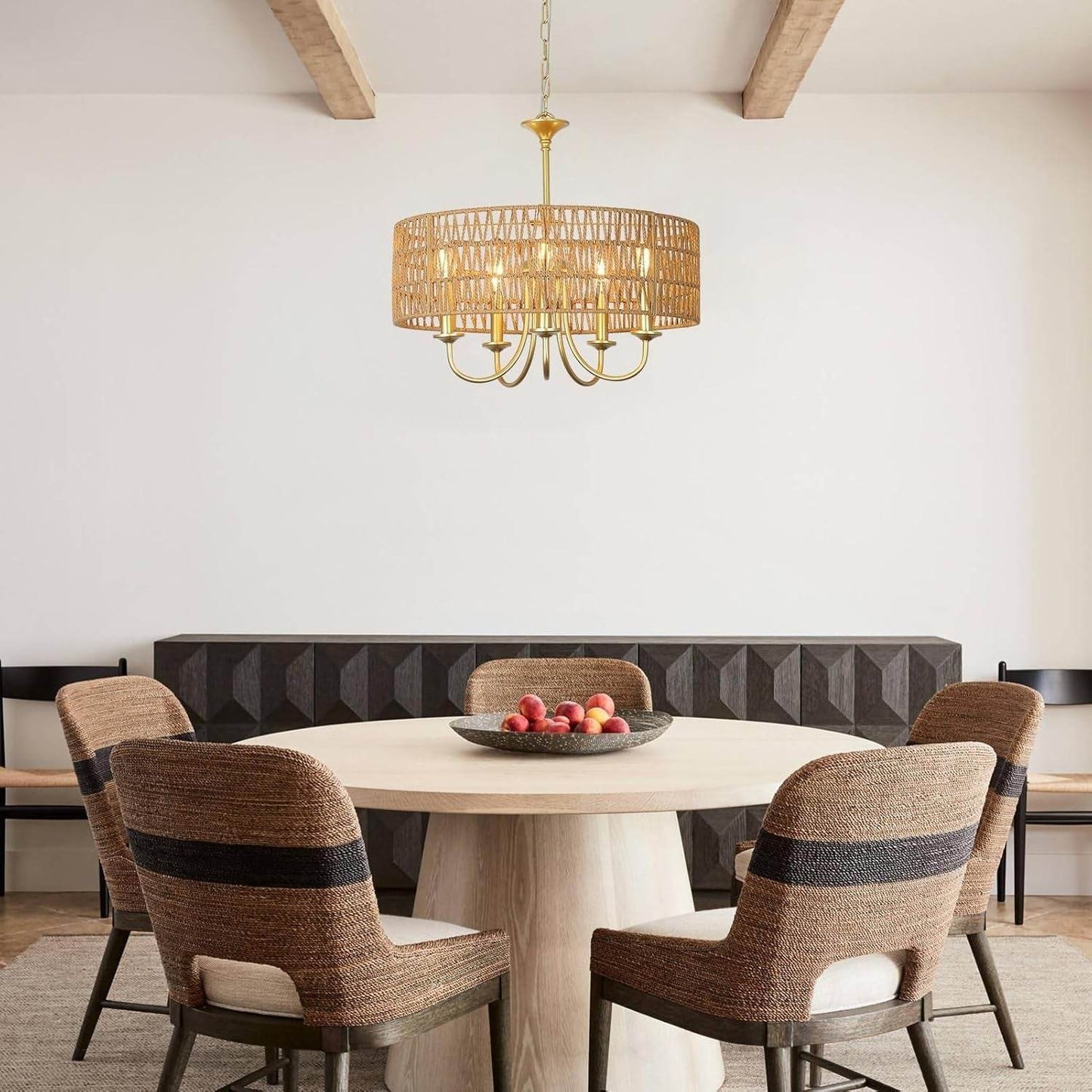 Gold Chandelier Light Fixtures with 5-Light Large Boho Rattan Pendant - Loft&Timber