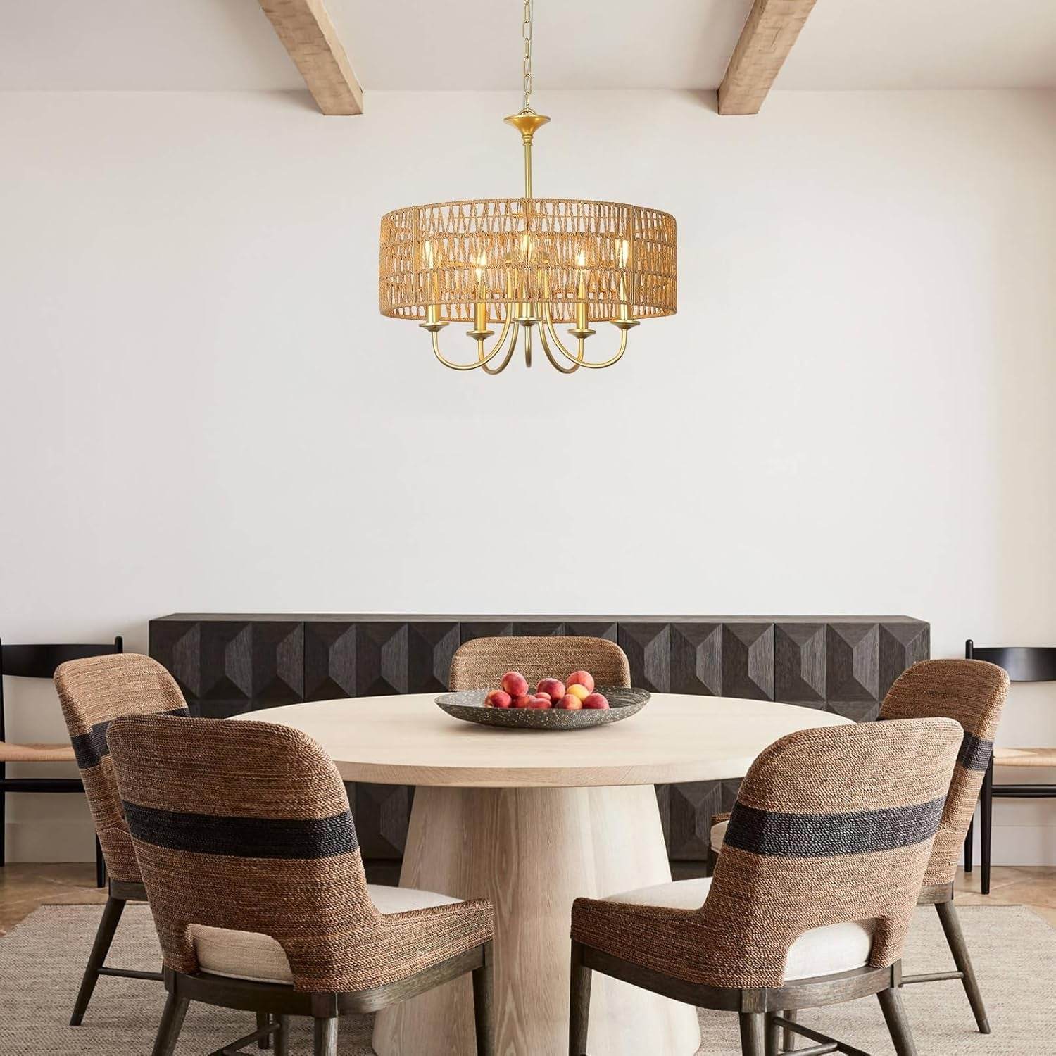 Gold Chandelier Light Fixtures with 5-Light Large Boho Rattan Pendant - Loft&Timber