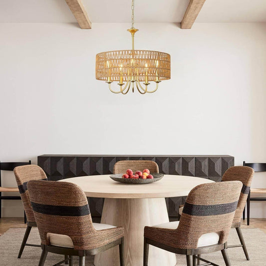 Gold Chandelier Light Fixtures, 5-Light Large Boho Rattan Pendant Lighting with Hand Woven Wicker Shade, Modern Farmhouse Chandeliers for Dining Room Living Room Kitchen Island Bedroom-1