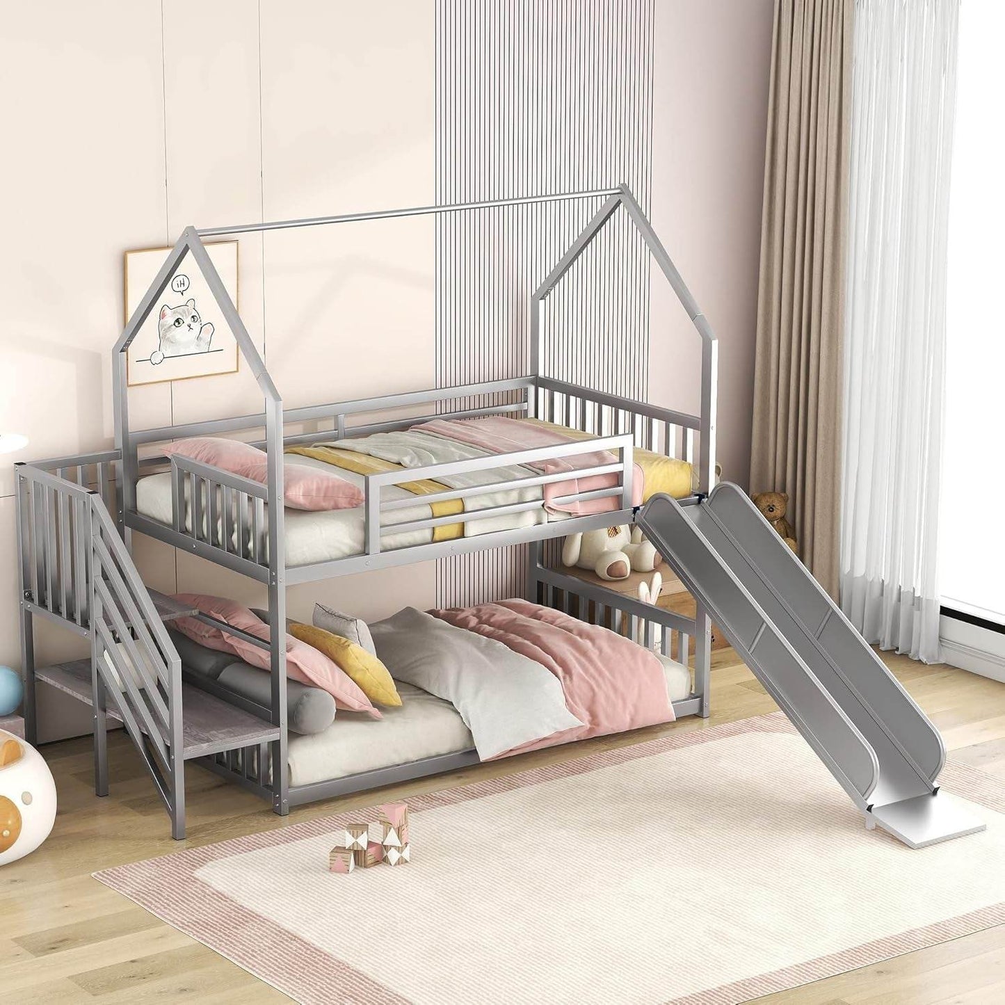 Twin over Twin Bunk Bed with Slide and Storage Stairs, Heavy Duty Bunk Bed/House Bunk Bed Twin over Twin, Twin Floor Bunk Beds for Kids, Girls, Boys(Twin over Twin Sliver) - Loft&Timber