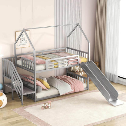 Twin over Twin Bunk Bed with Slide and Storage Stairs, Heavy Duty Bunk Bed/House Bunk Bed Twin over Twin, Twin Floor Bunk Beds for Kids, Girls, Boys(Twin over Twin Sliver) - Loft&Timber