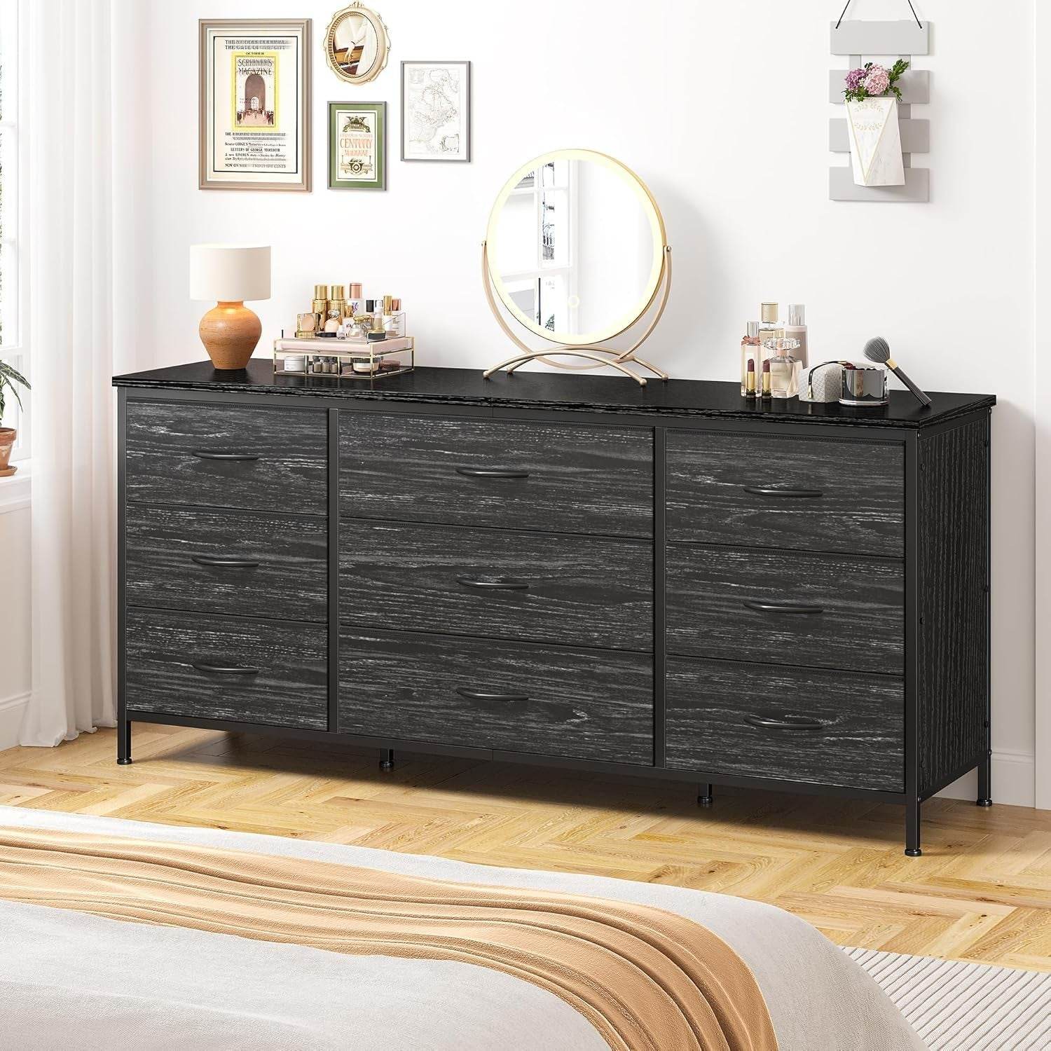 Dresser TV Stand with 9 Drawers for 60'' TV Stand in Charcoal Black - Loft&Timber
