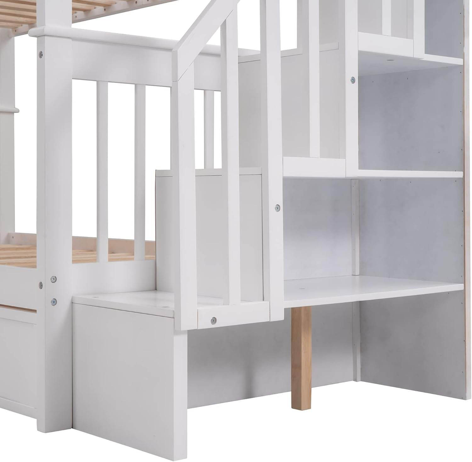 Twin over Twin Bunk Bed with Stairs and Guard Rail, Twin Size Bunk Beds with Storage Drawers,Wooden Bunk Bed Frame for Bedroom, Dorm, Kids, Teens, Adults,White - Loft&Timber