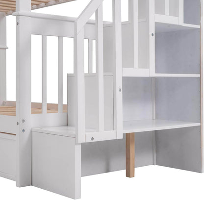 Twin over Twin Bunk Bed with Stairs and Guard Rail, Twin Size Bunk Beds with Storage Drawers,Wooden Bunk Bed Frame for Bedroom, Dorm, Kids, Teens, Adults,White - Loft&Timber