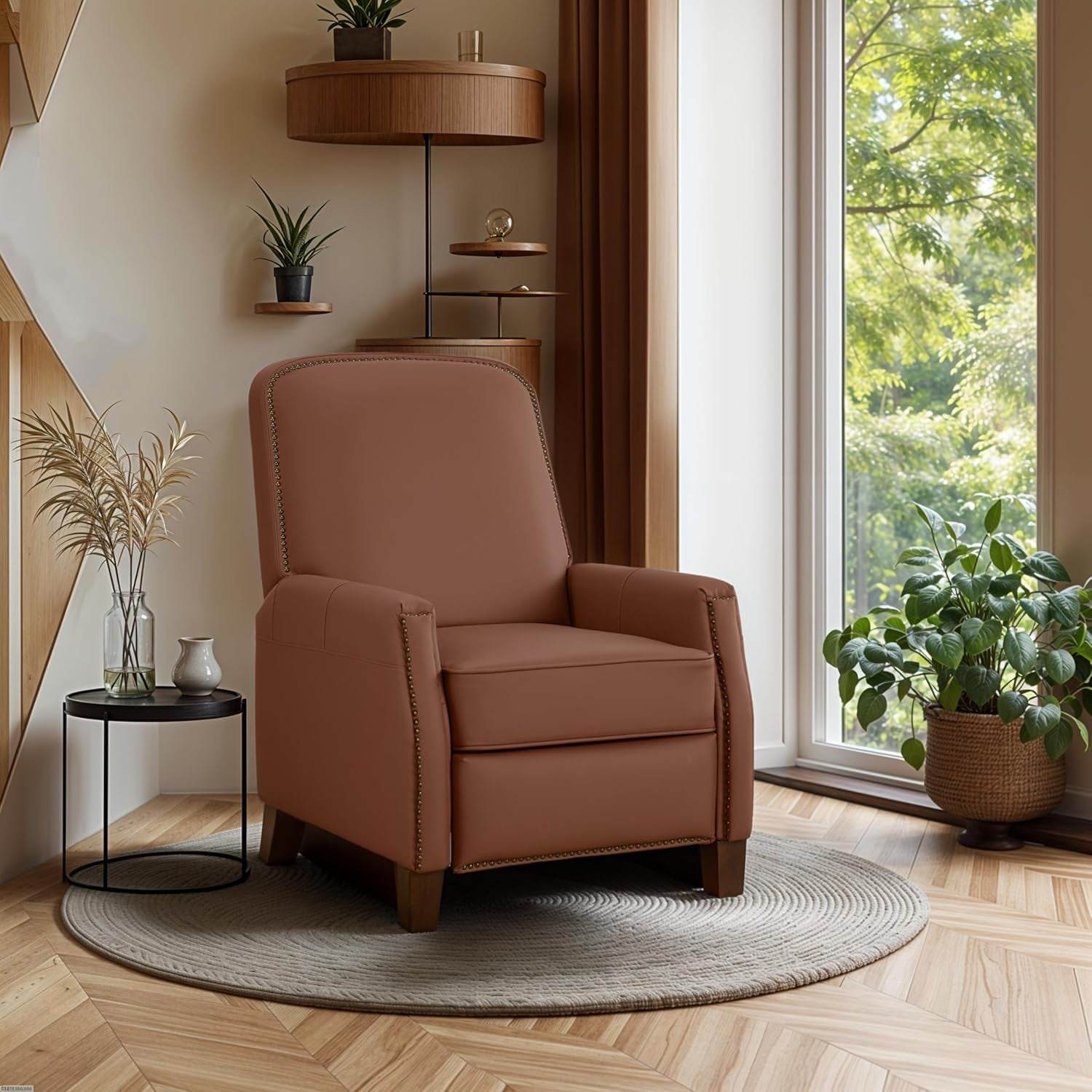 Pushback Chair, Mid-Century Modern Faux Leather Recliner, Brown - Loft&Timber