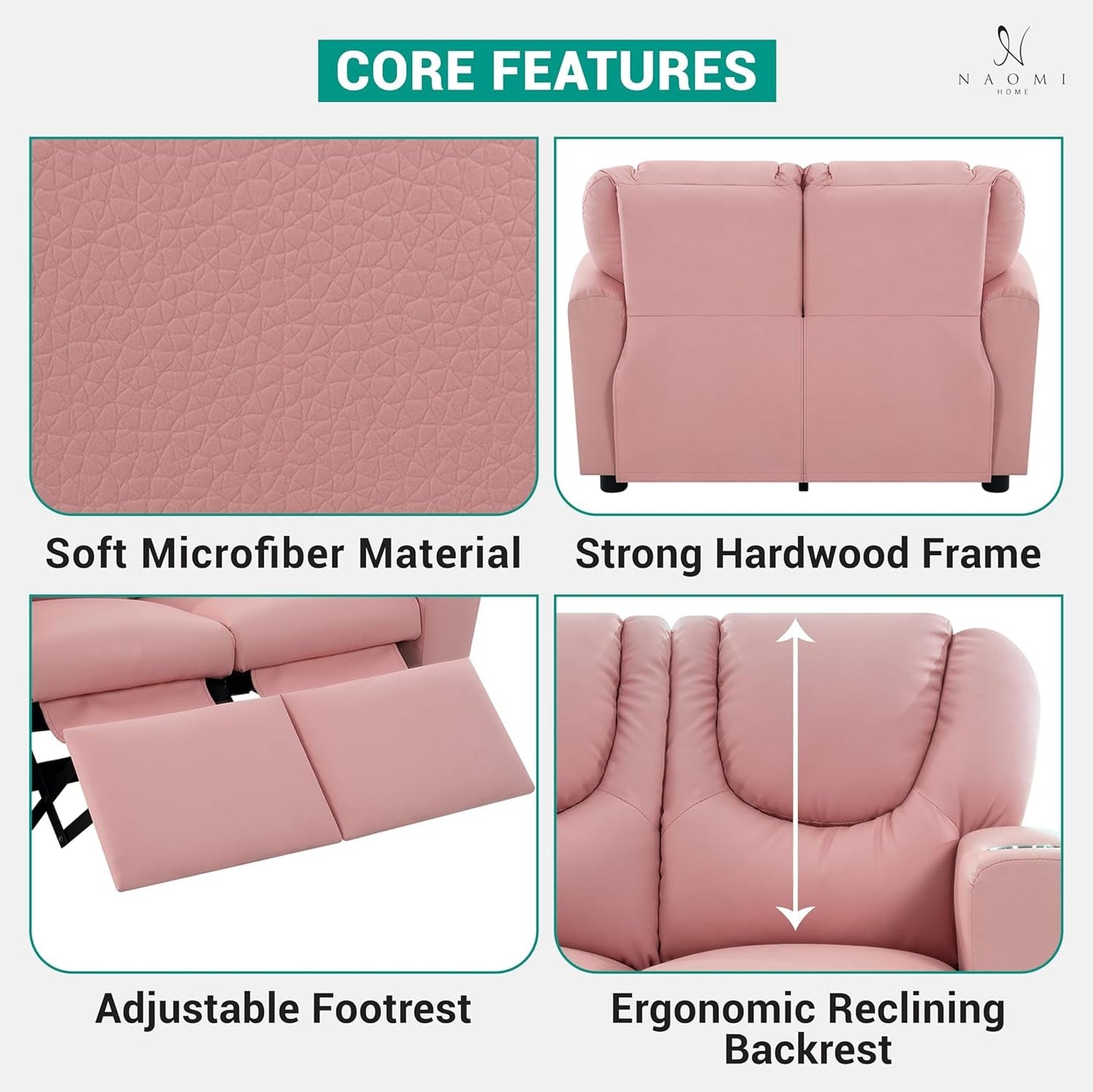 Suri Kids Recliner Loveseat – Spacious Toddler Recliner Chair Ages 3-5 with Cup Holders, Push-Back Function, and Adjustable Footrest - Pink-2