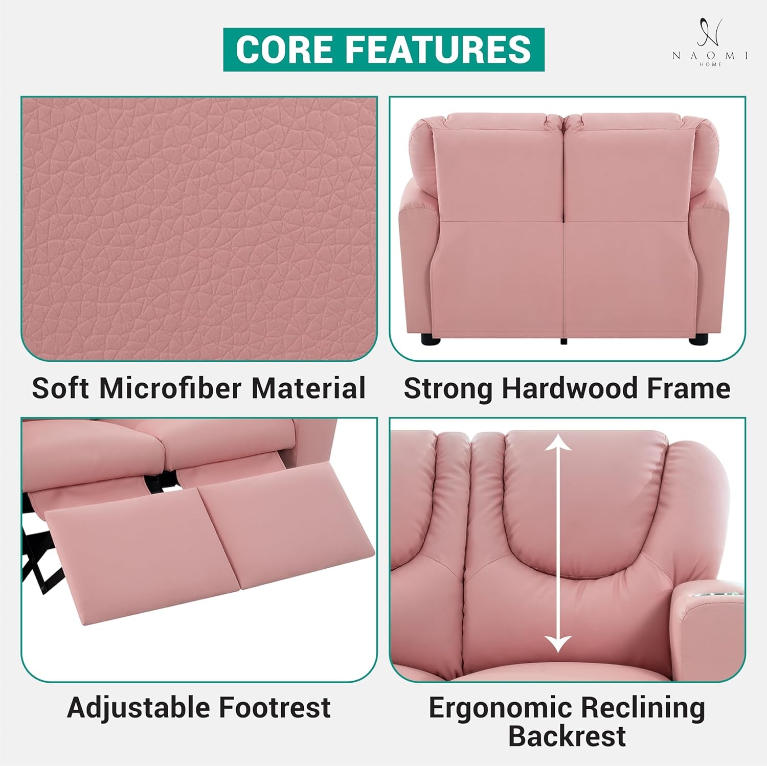 Suri Kids Recliner Loveseat – Spacious Toddler Recliner Chair Ages 3-5 with Cup Holders, Push-Back Function, and Adjustable Footrest - Pink-2