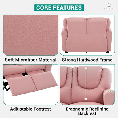 Suri Kids Recliner Loveseat – Spacious Toddler Recliner Chair Ages 3-5 with Cup Holders, Push-Back Function, and Adjustable Footrest - Pink-2