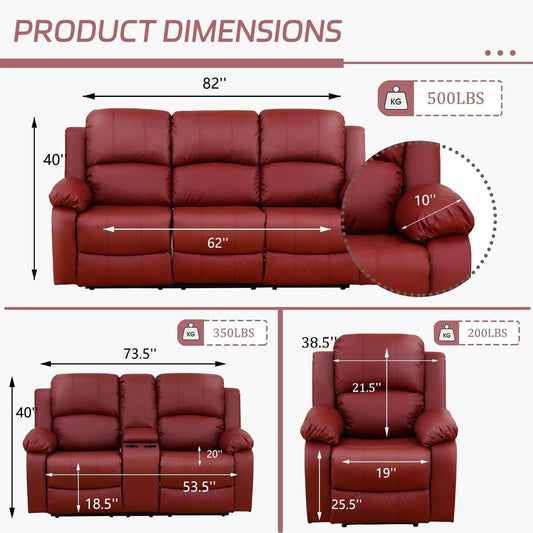 Manual Recliner Sofa Set, Bonded Leather Sofa Set, Red - Loft&Timber