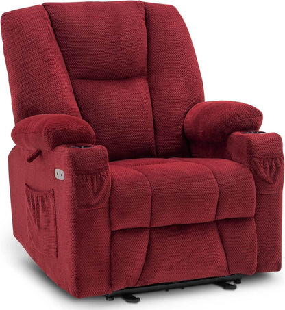 Fabric Electric Power Recliner Chair with Heat and Vibration, Cup Holders, USB Ports, Powered Reclining for Living Room 8015 (Burgundy, Single Recliner) - Loft&Timber