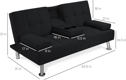 Black Linen Folding Futon Recliner with Cupholders-2