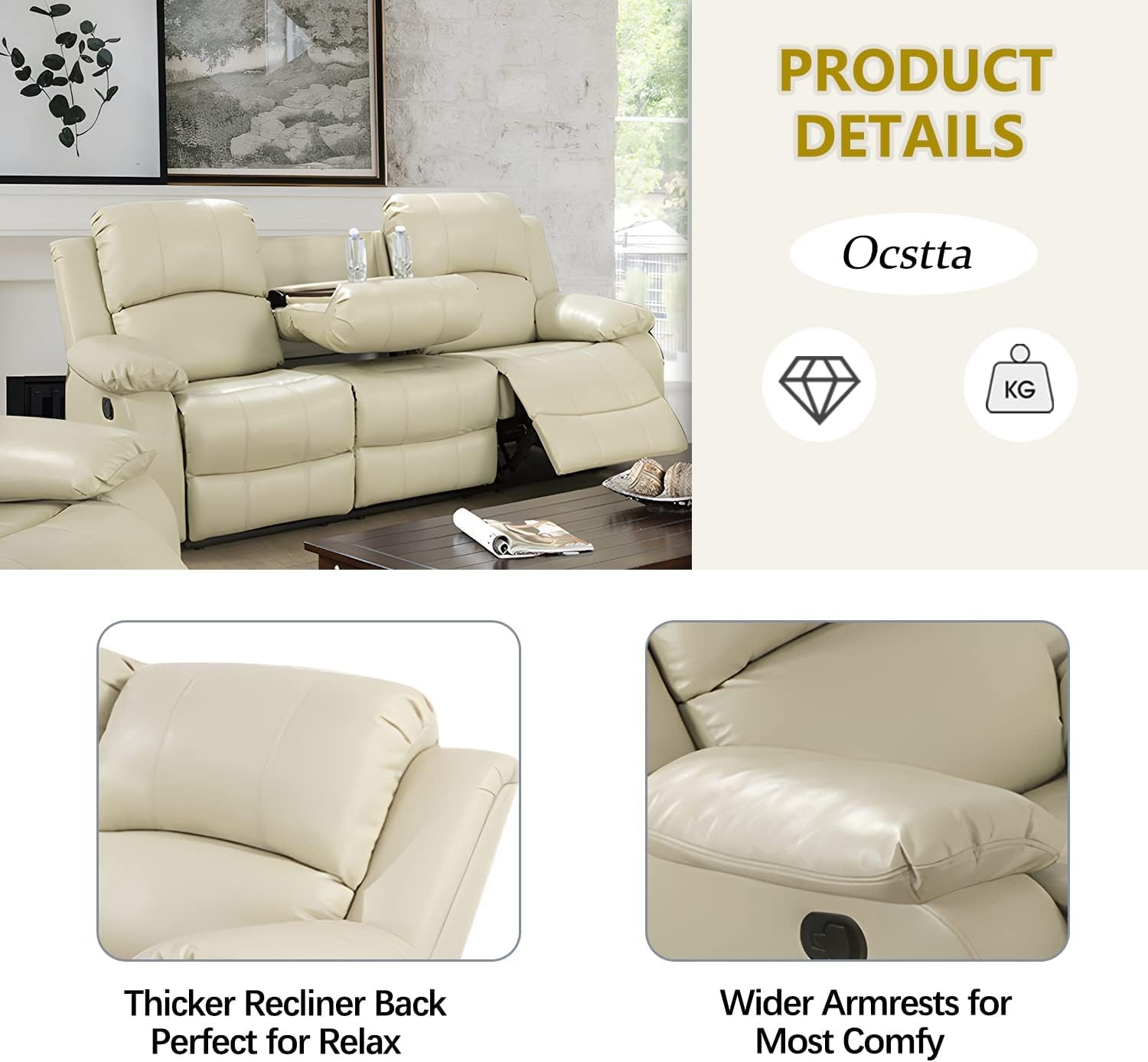 Manual Leather Sofa Recliner Set for Living Room Furniture Set,Leather Recliner Couch Set for Home/Office,Leather Reclining Sofa Set for 3-Pieces(Sofa+Loveseat+Chair) Beige-4