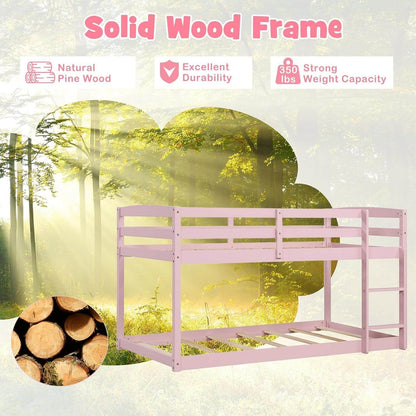 Low Bunk Bed, Solid Wood Bunk Beds Twin over Twin with Ladder, Space Saving Bunkbeds Frame W/Full Guardrails, Twin Floor Bunk Beds for Kids Boys Girls Teens, No Box Spring Needed (Pink) - Loft&Timber