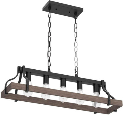 Rustic Kitchen Island Dining Room Light Fixture Farmhouse Linear Chandelier Black and Retro Wood Finish 5-Light Industrial Metal Hanging Pendant Light UL Listed L33.5 W10.6 - Loft&Timber