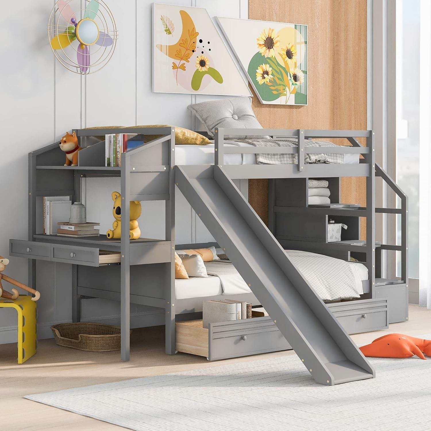 Twin over Twin Bunk Bed with Stairs, Slide, Desk, Solid Wood Bunk Bed with Storage Drawers and Shelves, for Kids Teens Adults (Gray) - Loft&Timber