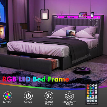 Queen Bed Frame with 2 Storage Drawers, Platform Bed Frame Queen Size with LED Light in Gray - Loft&Timber
