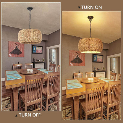 Farmhouse Chandelier for Dining Room,5-Light Boho Chandelier Light Fixture with Water Hyacinth Lampshade,Rattan Dining Room Chandelier Light Fixtures for Kitchen Island Bedroom Living Room - Loft&Timber