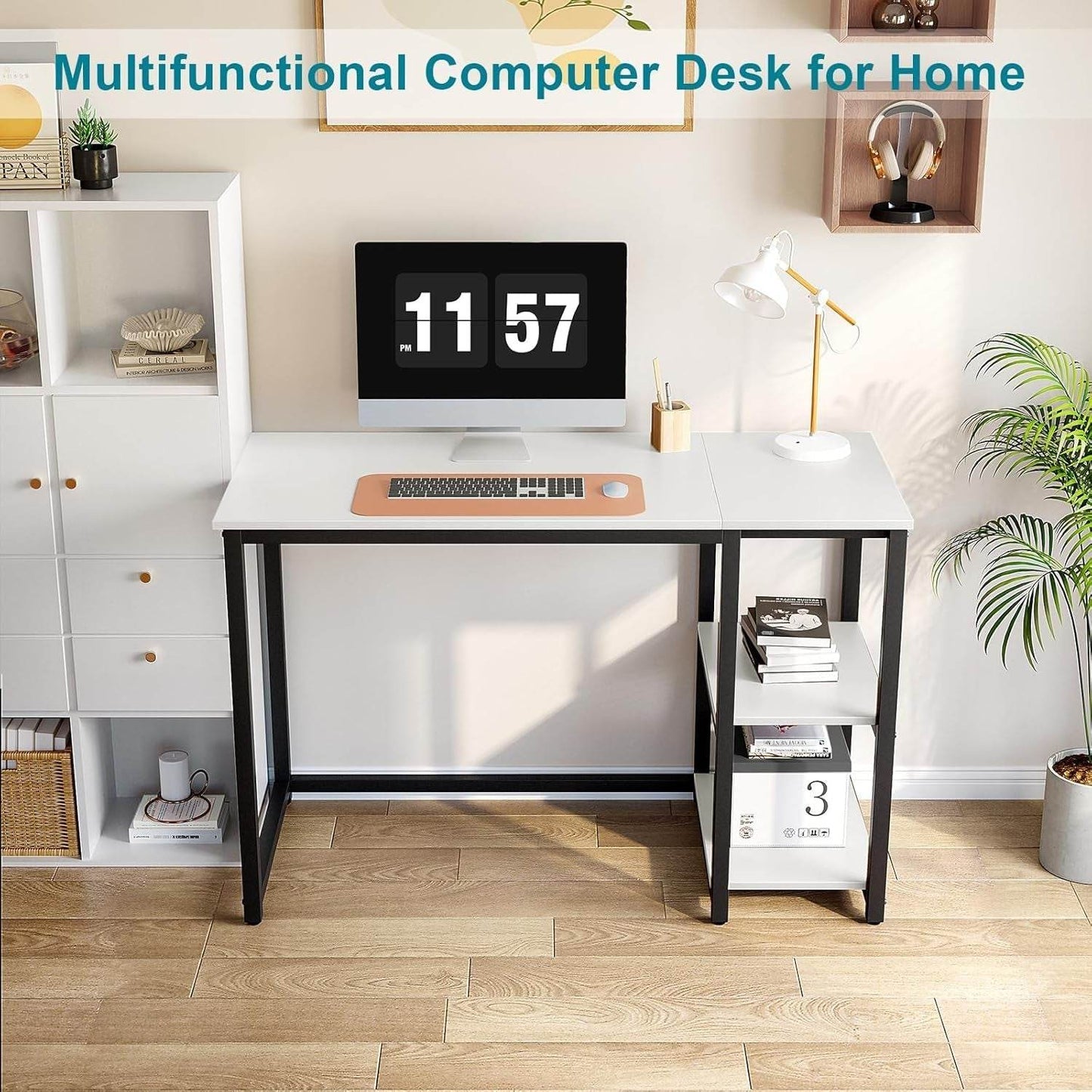 Computer Desk 40 Inches with 2-Tier Shelves in White - Loft&Timber